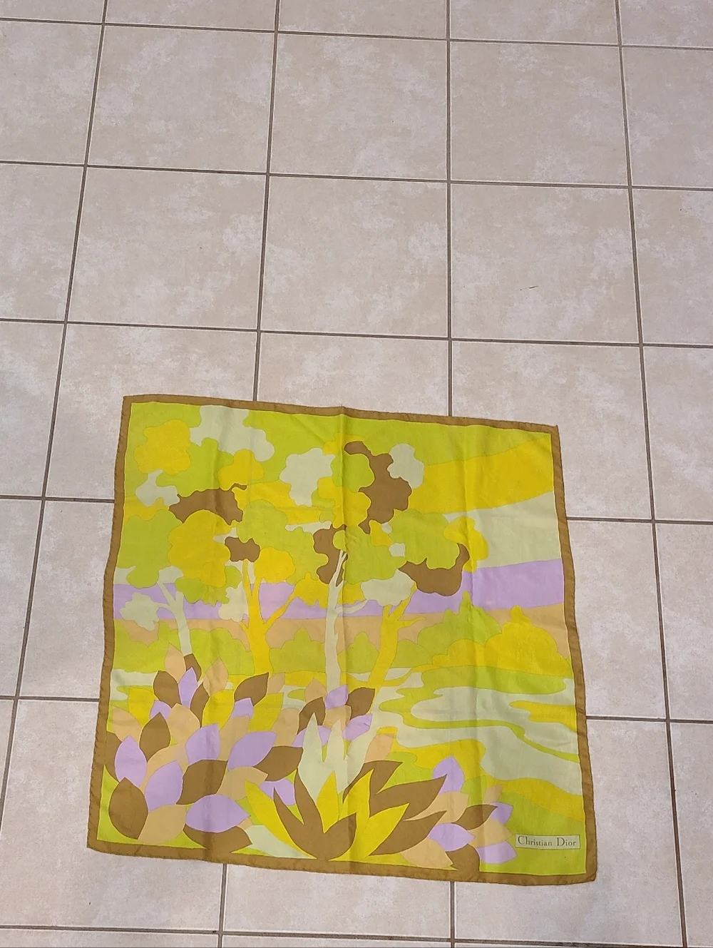 Christian Dior Vintage Floral Silk Scarf Brown Green Yellow Lavender Luxe
